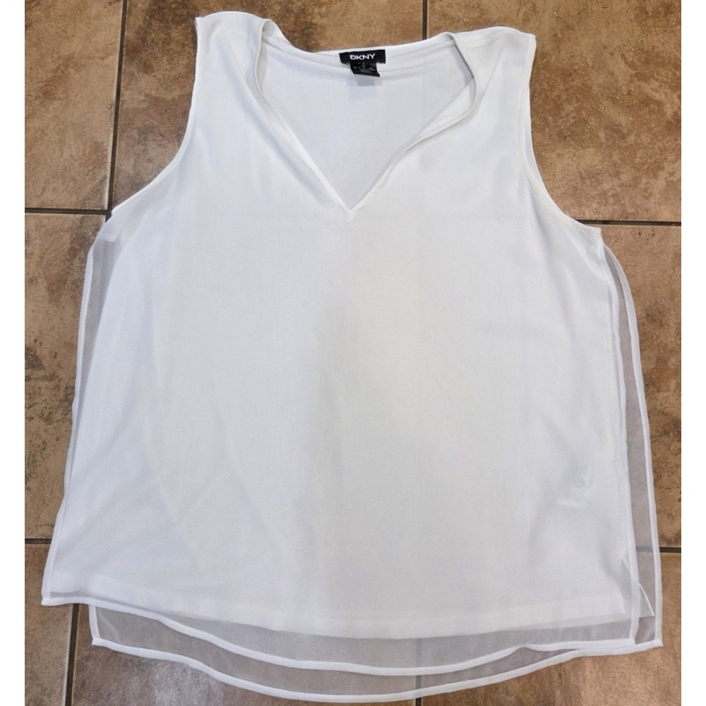 DKNY Satin Sheath Sleeveless  V neck Top Ivory 2‎ Layers Sz Large Open sides